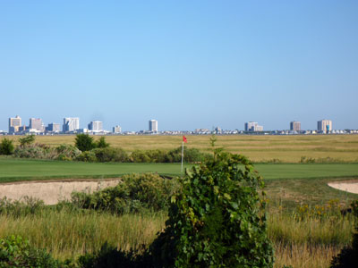 Views of Atlantic City are afforded from the 15th hole