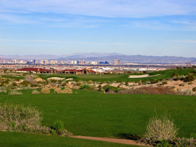 The Las Vegas strip sets the background of the 15th hole at Bear's Best
