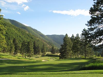 The downhill 14th is one of two downhill par threes on the back nine at Canyon River