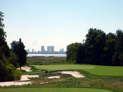 Views of Atlantic City are offered in the distance of the 17th hole