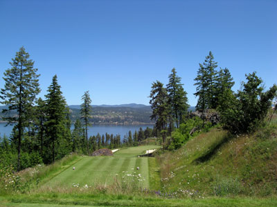 The 3rd hole typifies everything at Gozzer; basalt rock, white sand, beautiful trees, and Lake Coeur d'Alene