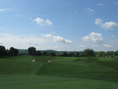 The church pew bunkers are found up the left side of the par five 4th hole at Oakmont