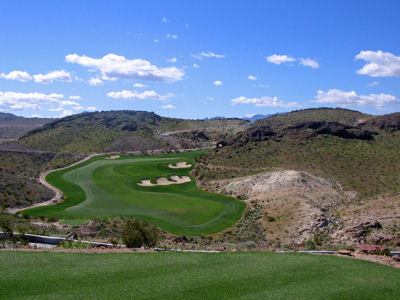 Pretty and challenging par four 13th hole at The Falls at Lake Las Vegas